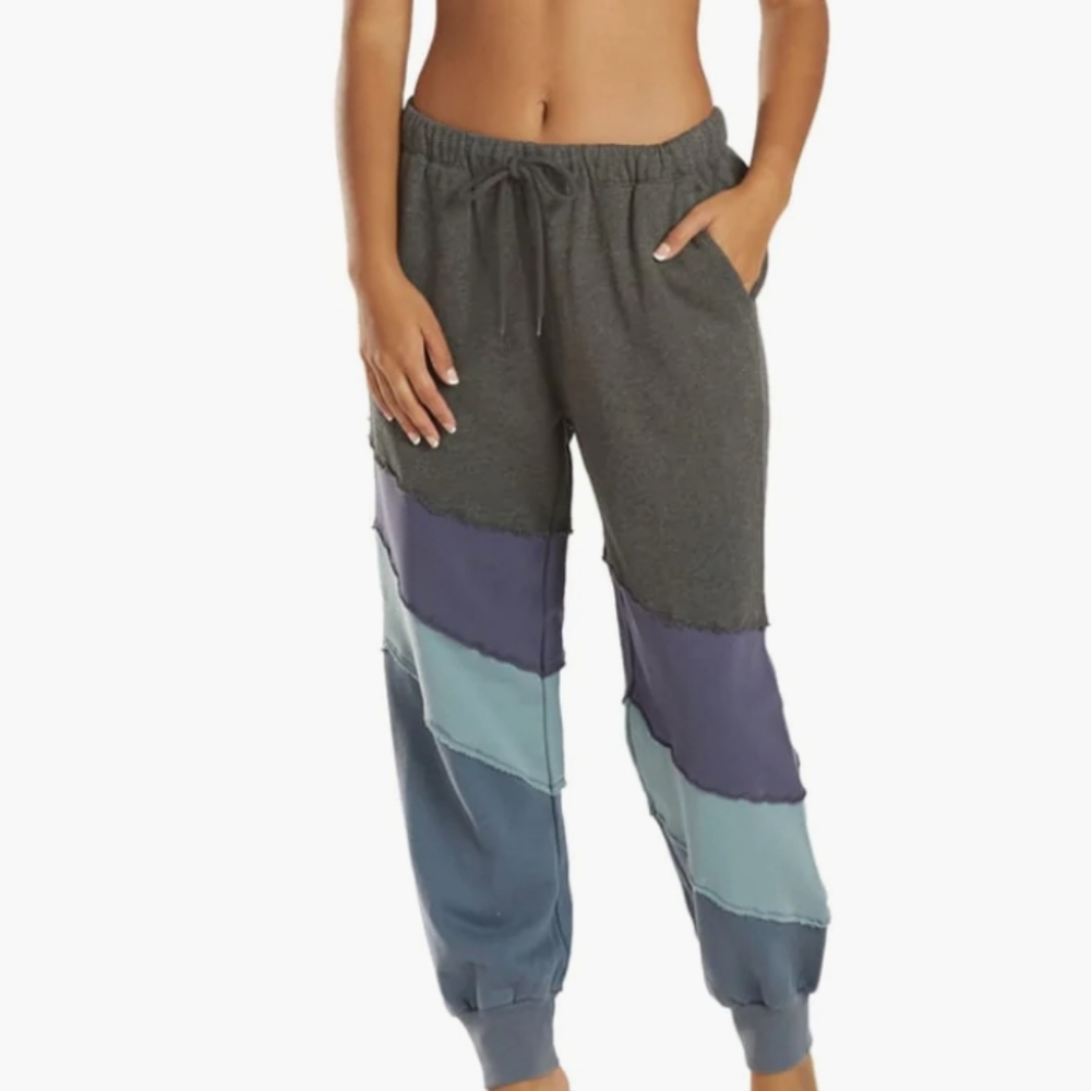 Free People All Or Nothing Patchwork Sweatpants Deep Sea Comb Colorblock S M NWT